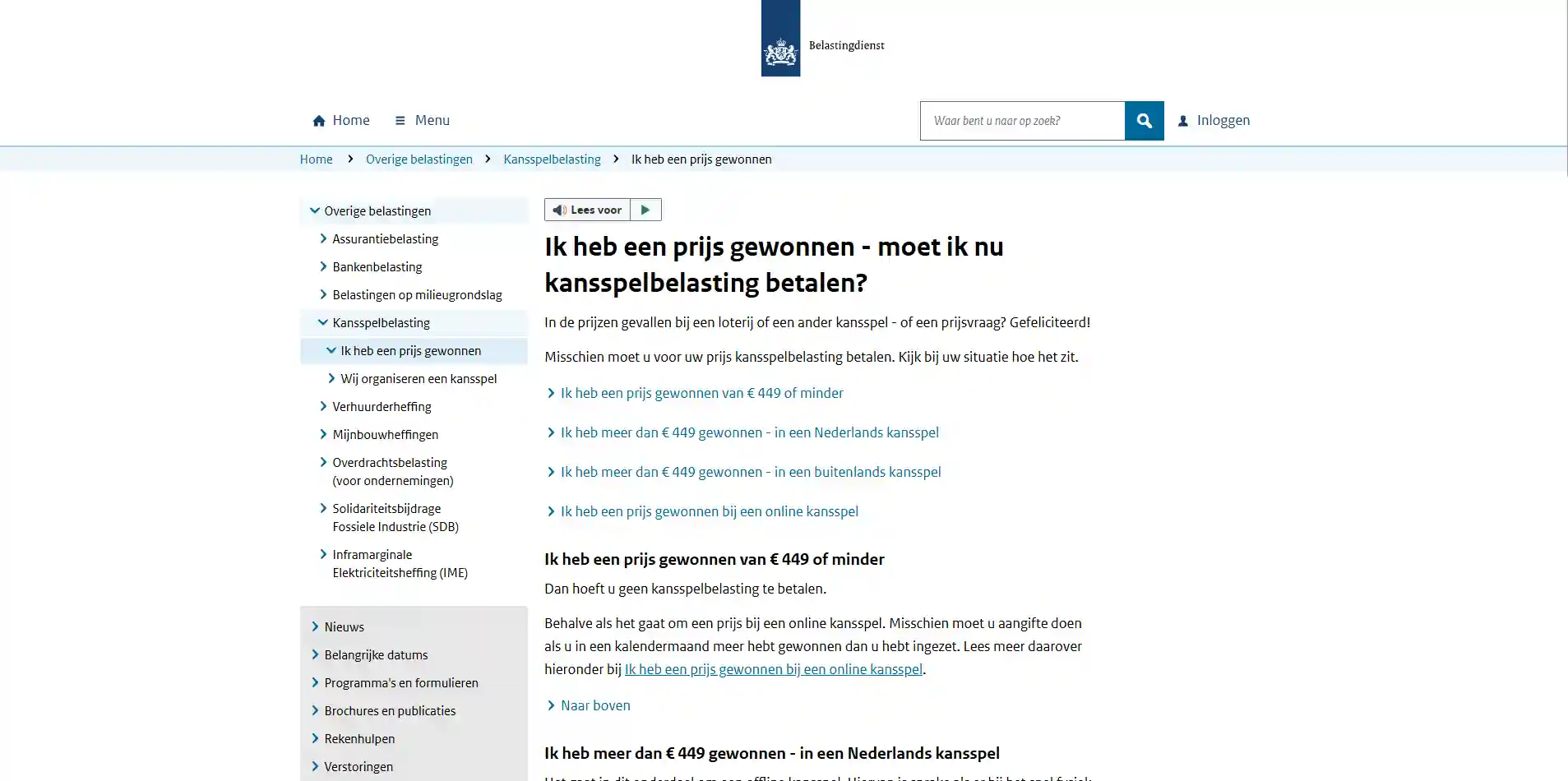 Schermafbeelding van de Belastingdienst met regels voor kansspelbelasting bij online kansspelen