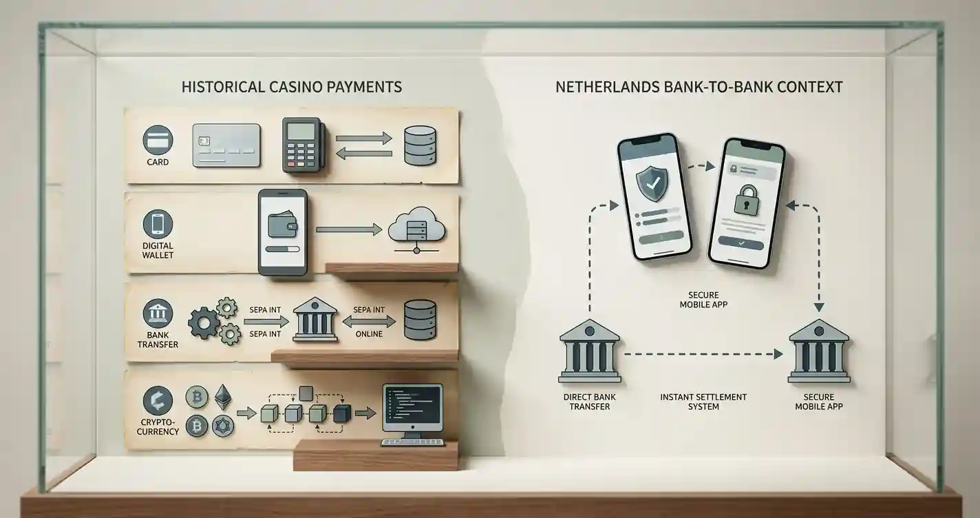 Illustratieve historische betaalstroom met kaart, digitale wallet, bankoverschrijving en crypto naast Nederlandse iDEAL en Wero-context