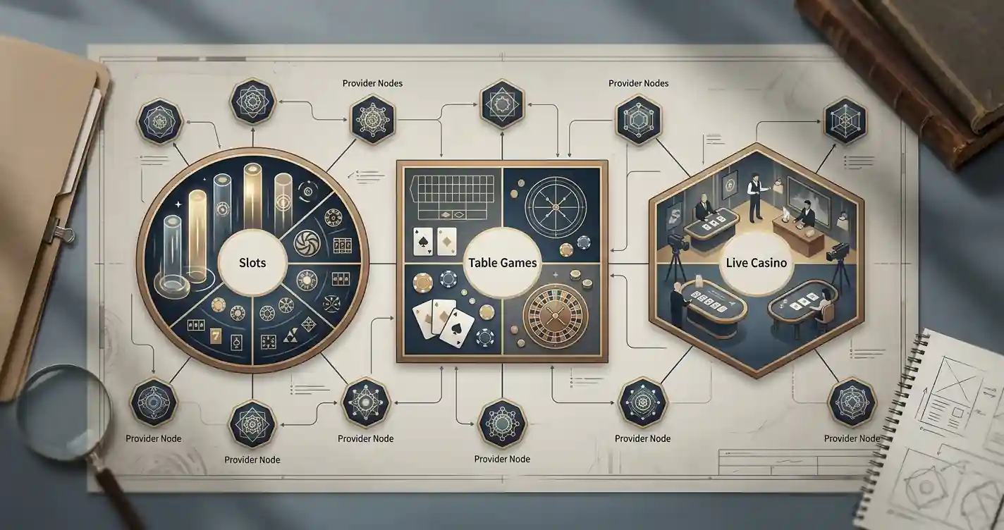 Illustratieve historische spelbibliotheek met neutrale categorieën voor slots, tafelspellen en live casino
